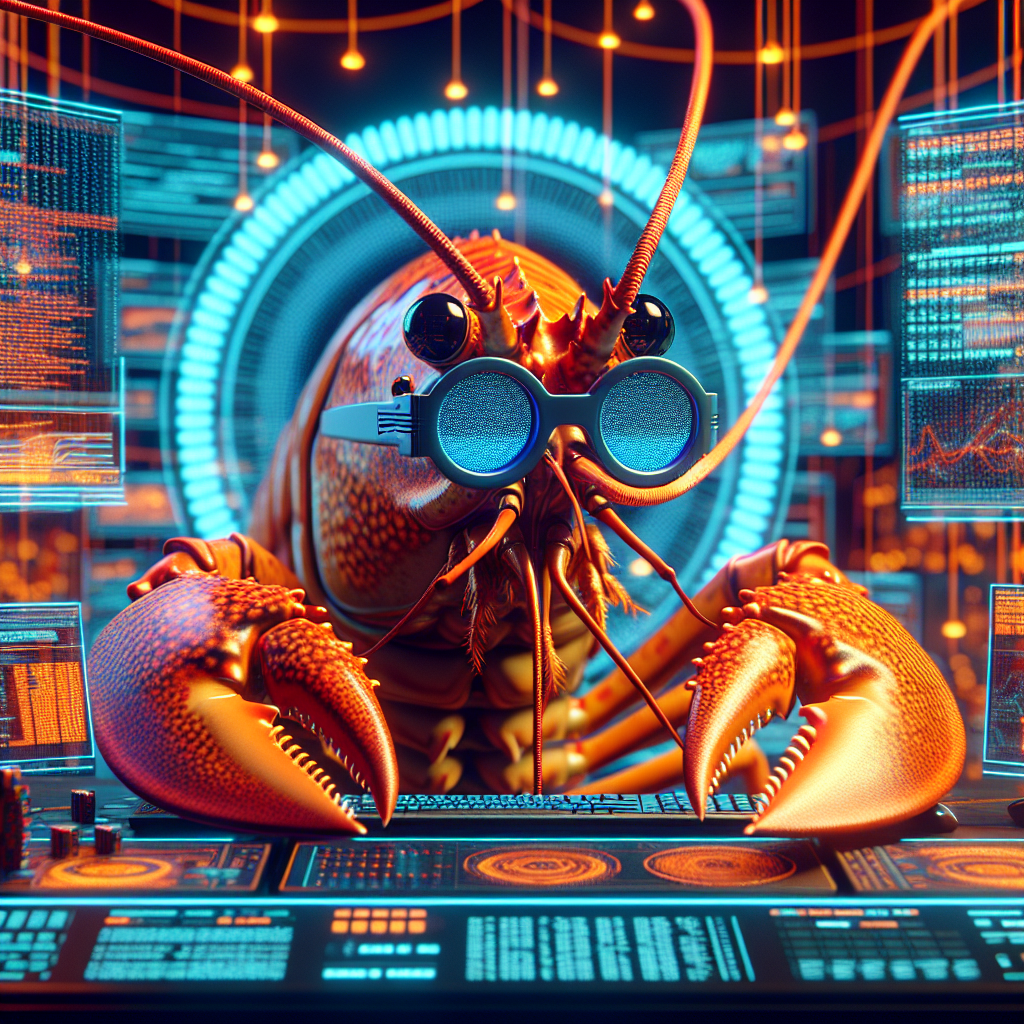 Cyberpunk lobster at computer terminal
